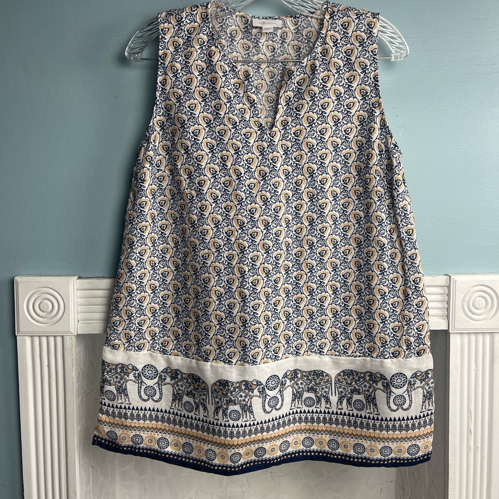 J. Jill Blue, Cream and Gold Sleeveless Tunic Style 100% Linen Blouse